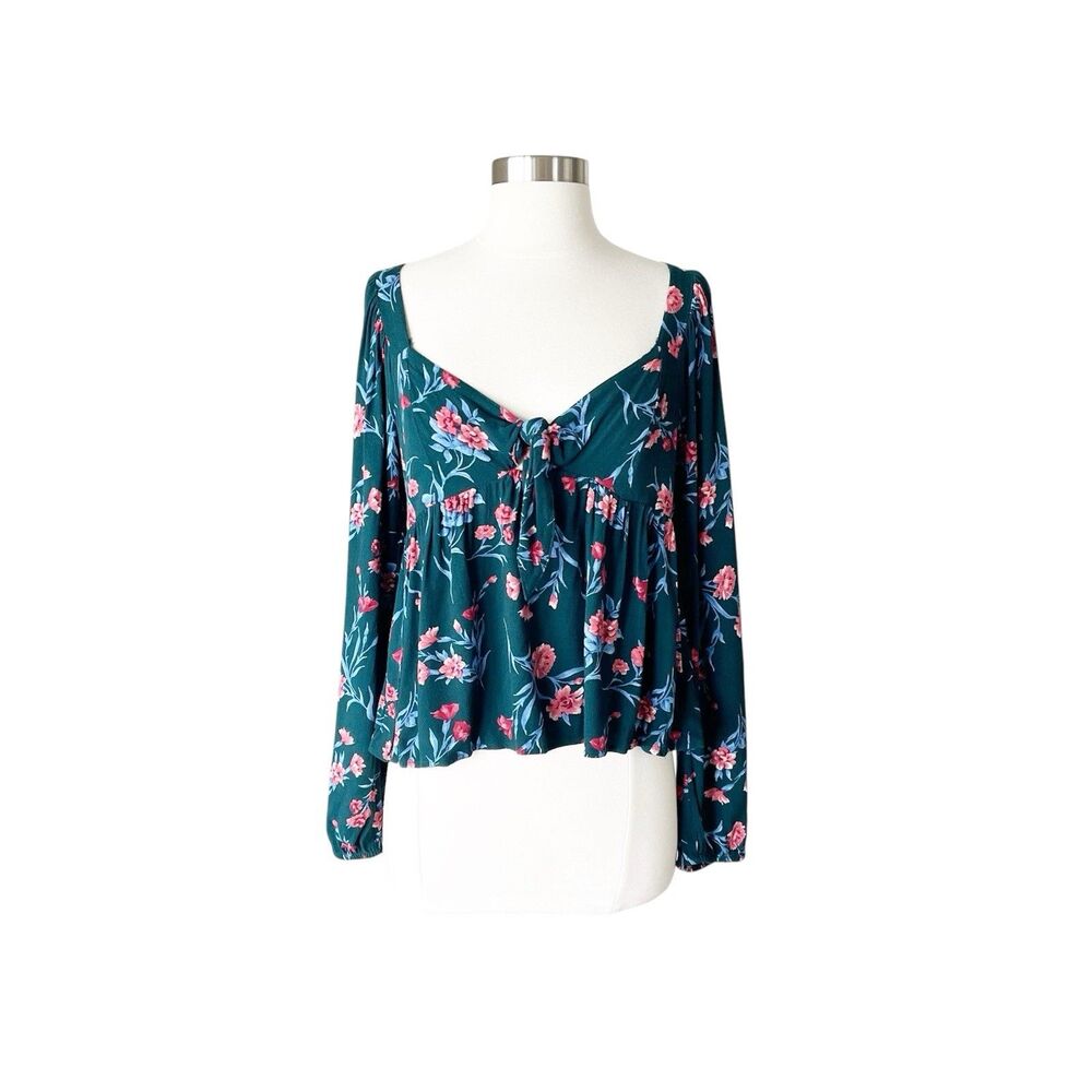 American Eagle Crop Top Women's S Green Floral V-neck Long Sleeve Tie Front Knot